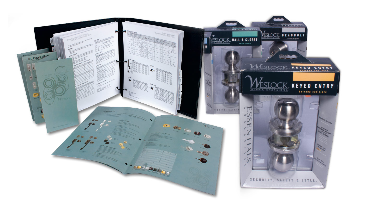 Weslock marketing materials and product catalog, packaging