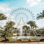Ferris wheel, fountain, and palm trees