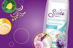 Color Scents packaging, purple background with floral illustrations