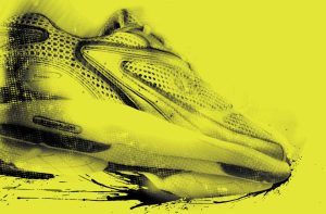 Grunge, textured athletic shoe illustration on yellow background
