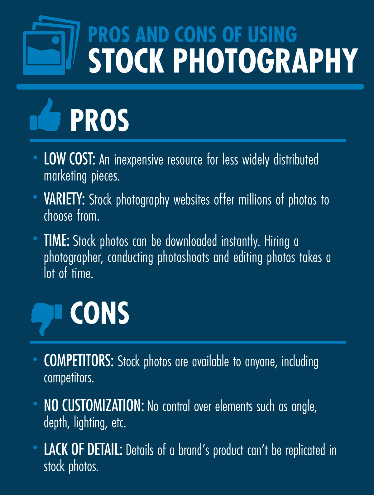 Infographic - pros and cons of stock photography