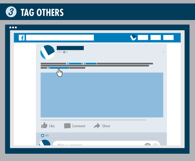 Illustration of a social media post with a hand cursor hovering over tagged names, showing how to tag others on a Facebook-like platform—a helpful guide for marketing your brand or sharing creative package design ideas.