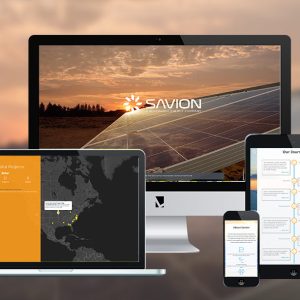 Four digital devices display various screens: a desktop with a solar panel image and SAVION, a laptop showing a map, a smartphone with advertising text, and a tablet with a timeline, against a blurred background.