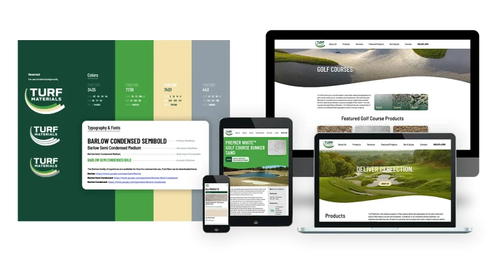 Turf Materials' brand, guiding a new website via a brand style sheet with SEO-rich content for products and services.