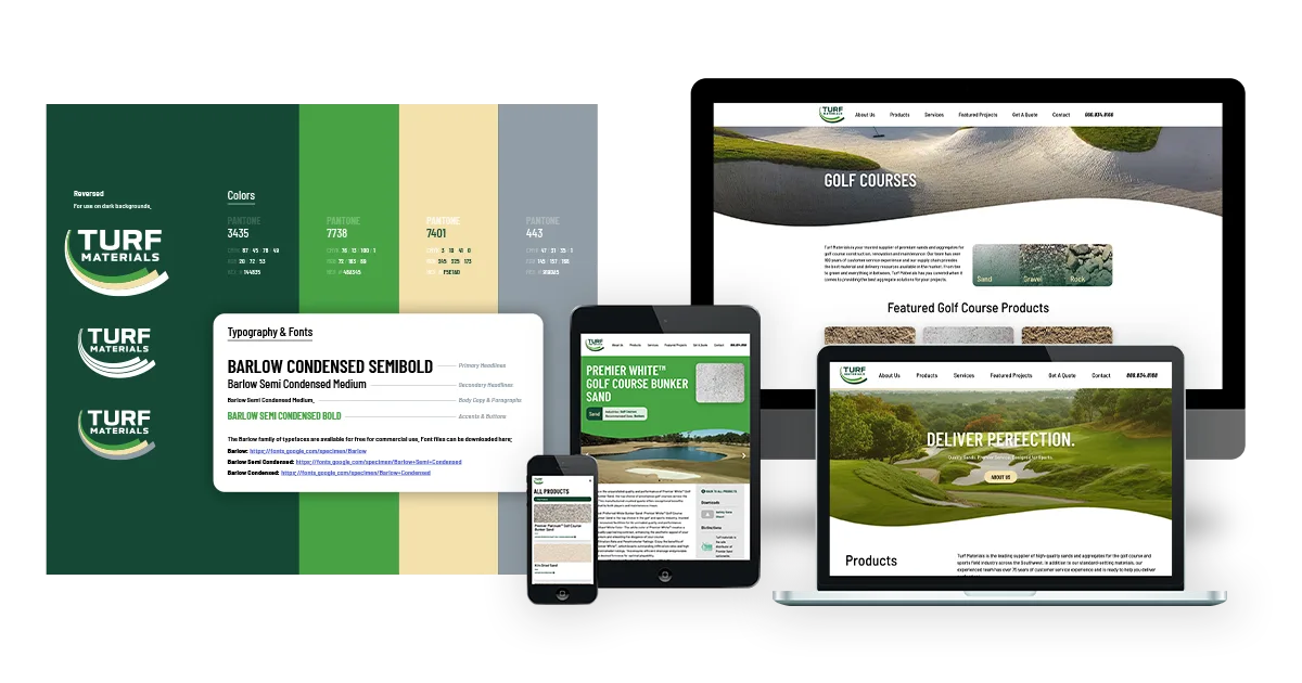 Turf Materials' brand, guiding a new website via a brand style sheet with SEO-rich content for products and services.