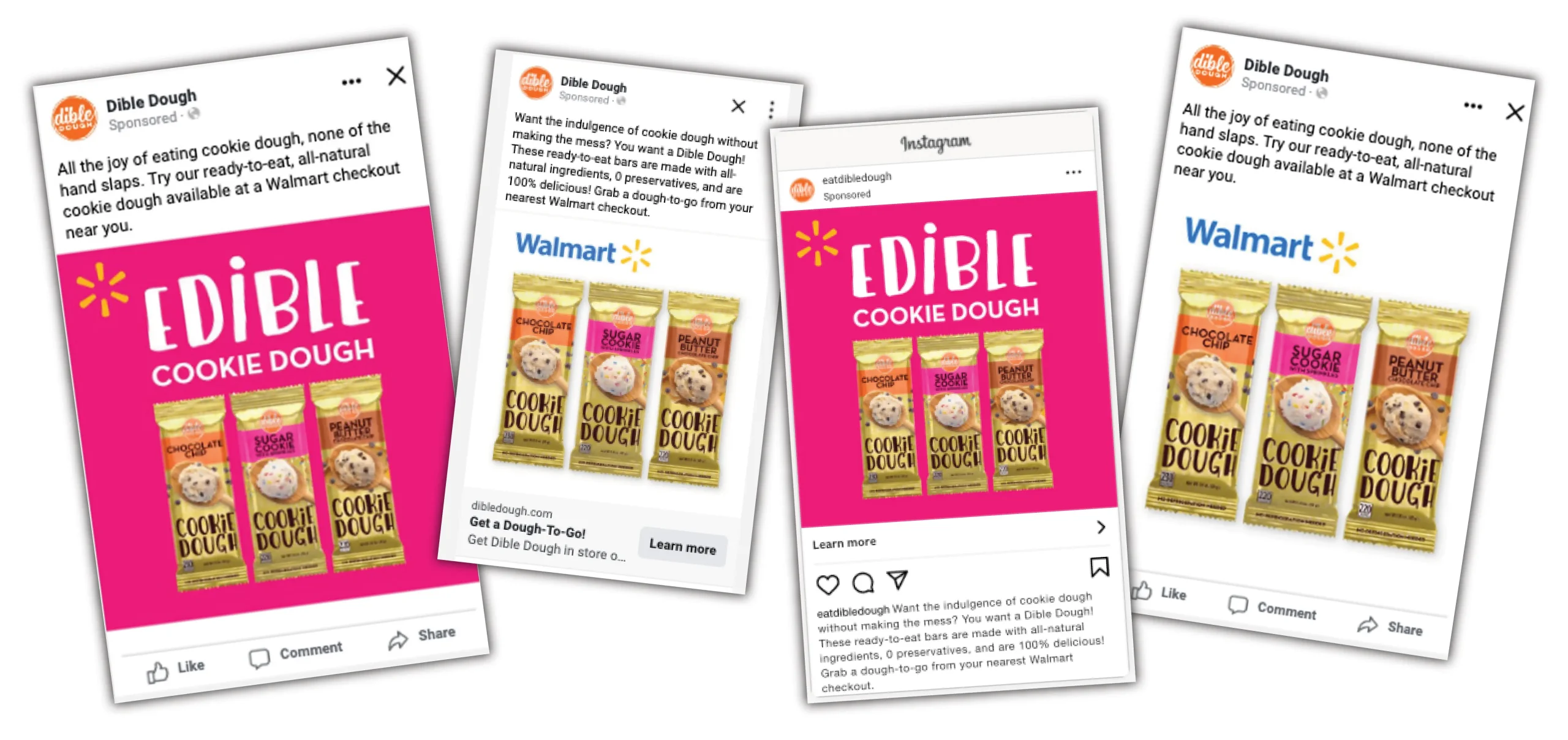 Dible Dough Marketing Campaign - selection of digital ads featured in social media and Walmart stores