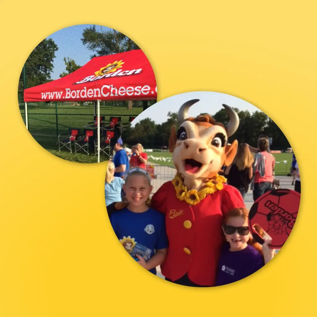 Elsie, the Borden mascot, mingles with the crowd at a brand event.