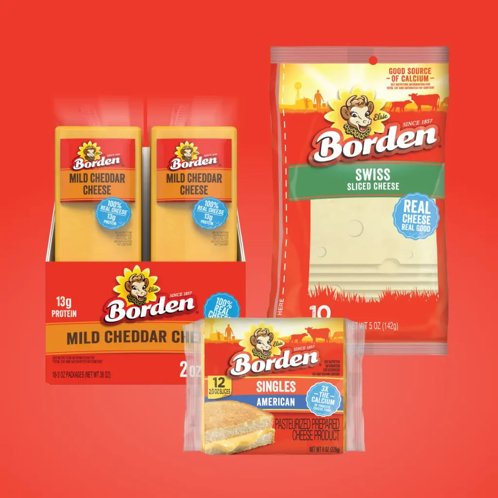 Various retail Borden packages including slices and snack bars.