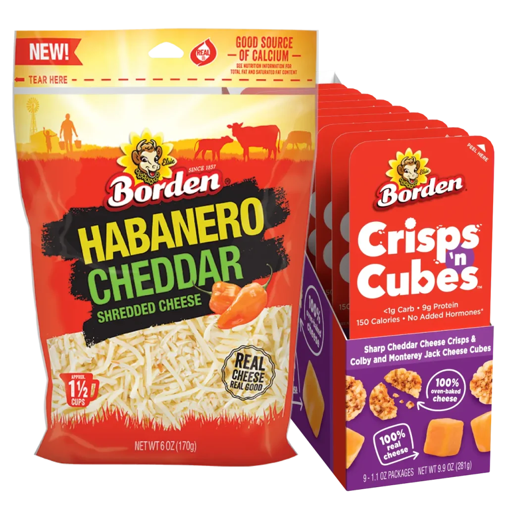 Borden Habanero Cheddar and Crisps 'n Cubes retail packaging.