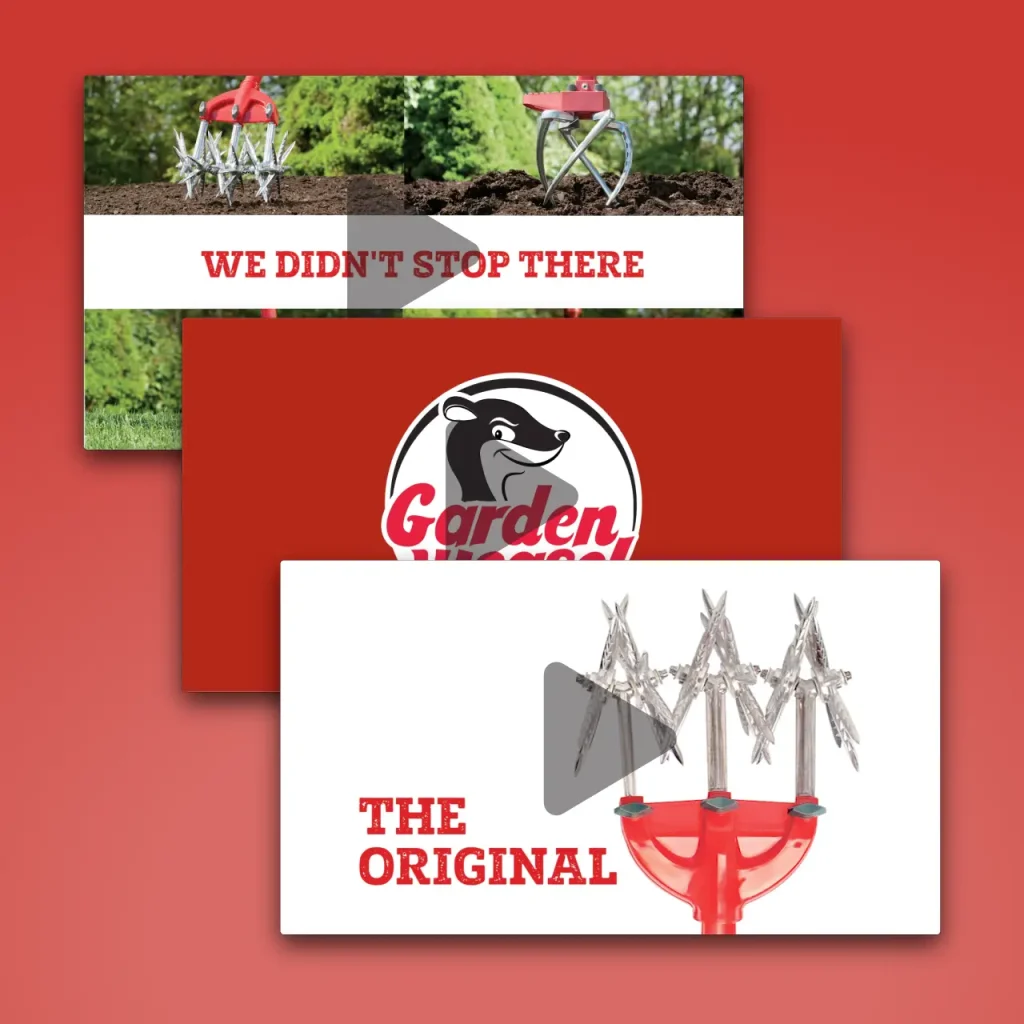 Screenshots from various Garden Weasel brand videos showing their line of retail products.