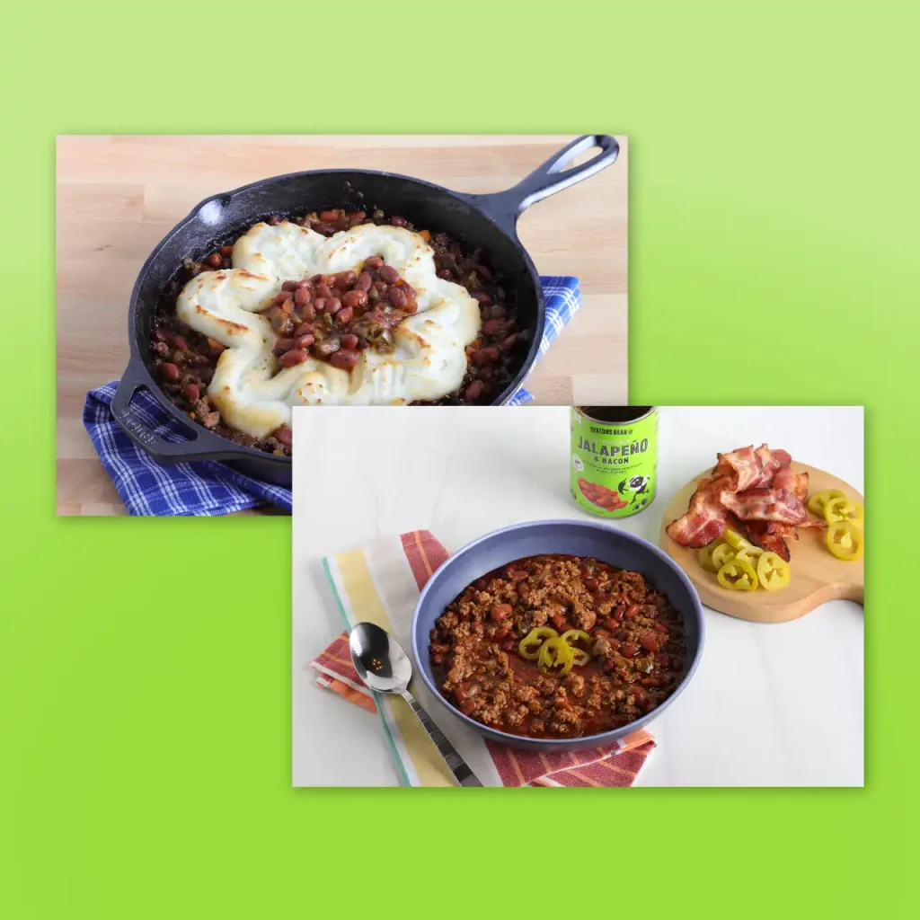 Product photography for Serious Bean Co. depicting canned products in use for different recipes.