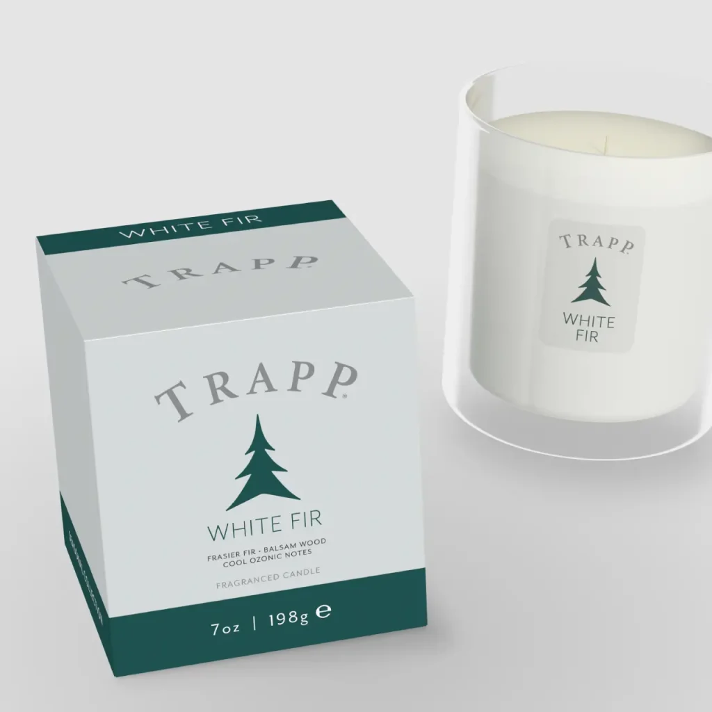 Trapp Candles White Fir retail packaging with the product shown out of the box.
