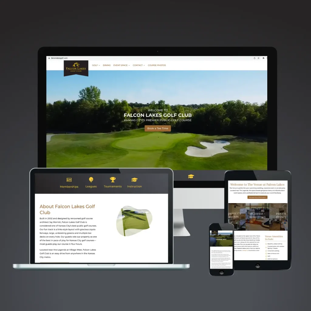 A new, responsive website design for Falcon Lakes Golf Club featured on various devices.