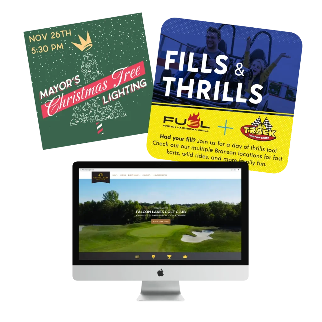 Print collateral for Crown Center and The Track Family Fun, and a website design for Falcon Lakes Golf Club.