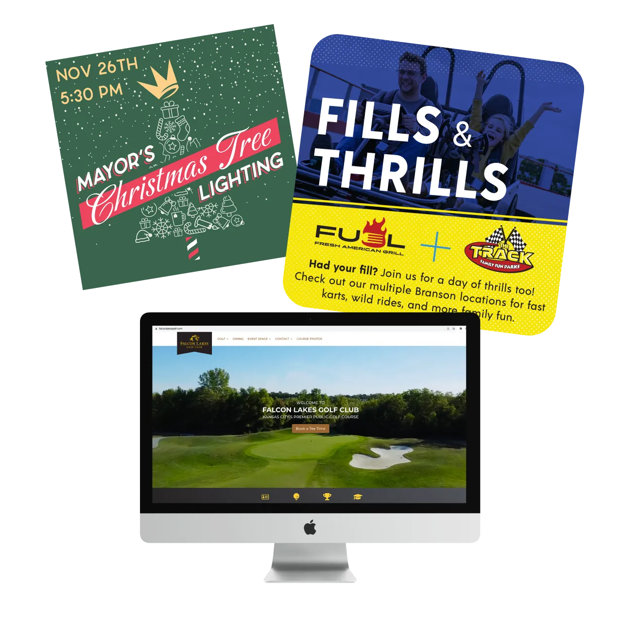 Print collateral for Crown Center and The Track Family Fun, and a website design for Falcon Lakes Golf Club.