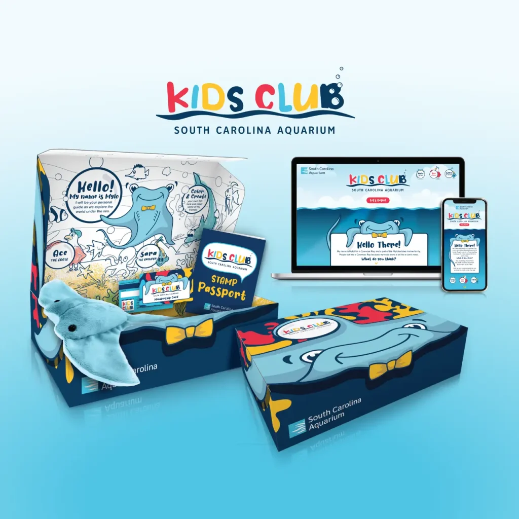 Concept art for the South Carolina Aquarium Kids Club, featuring web page designs, box art, and print collateral.