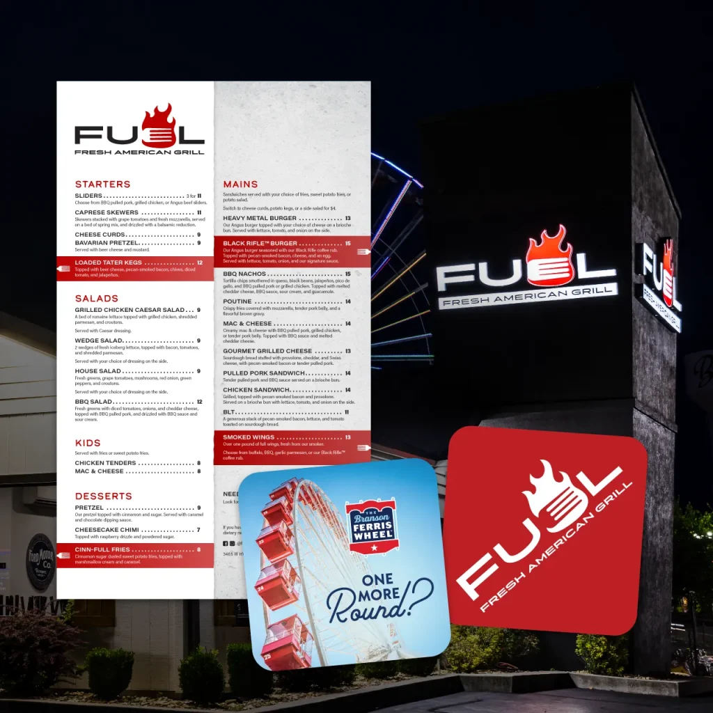 Logo, menu, and drink coaster designs for the new Fuel Fresh American Grill.