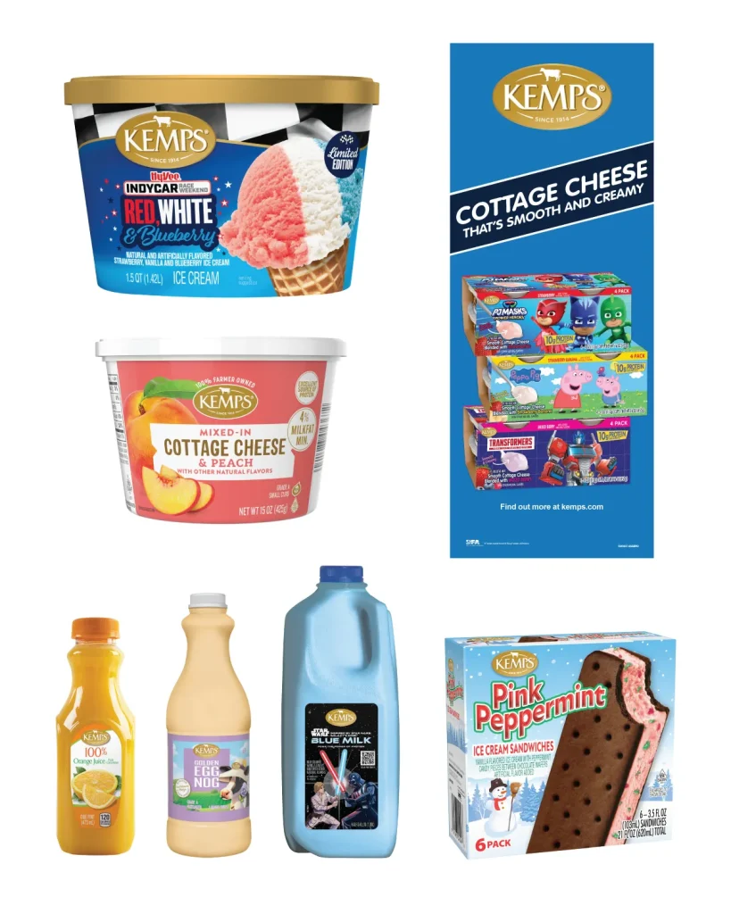 Kemp's dairy products - Consumer Packaged Goods, Product Renderings, and Point-of-Sale graphics.