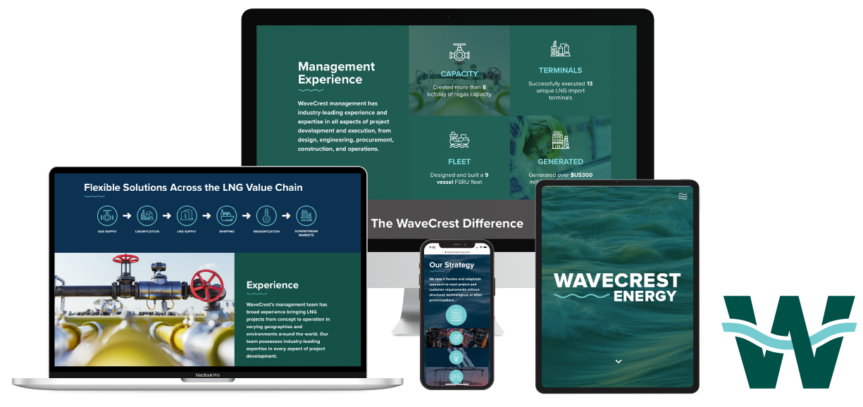 Wavecrest Website Design shown on Mobile, Table, Laptop and Desktop screens