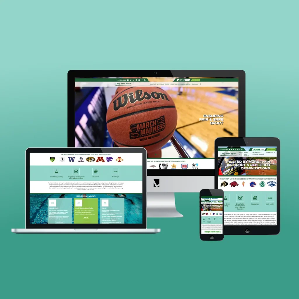 The Drug Free Sport website shown on multiple devices of varying size.