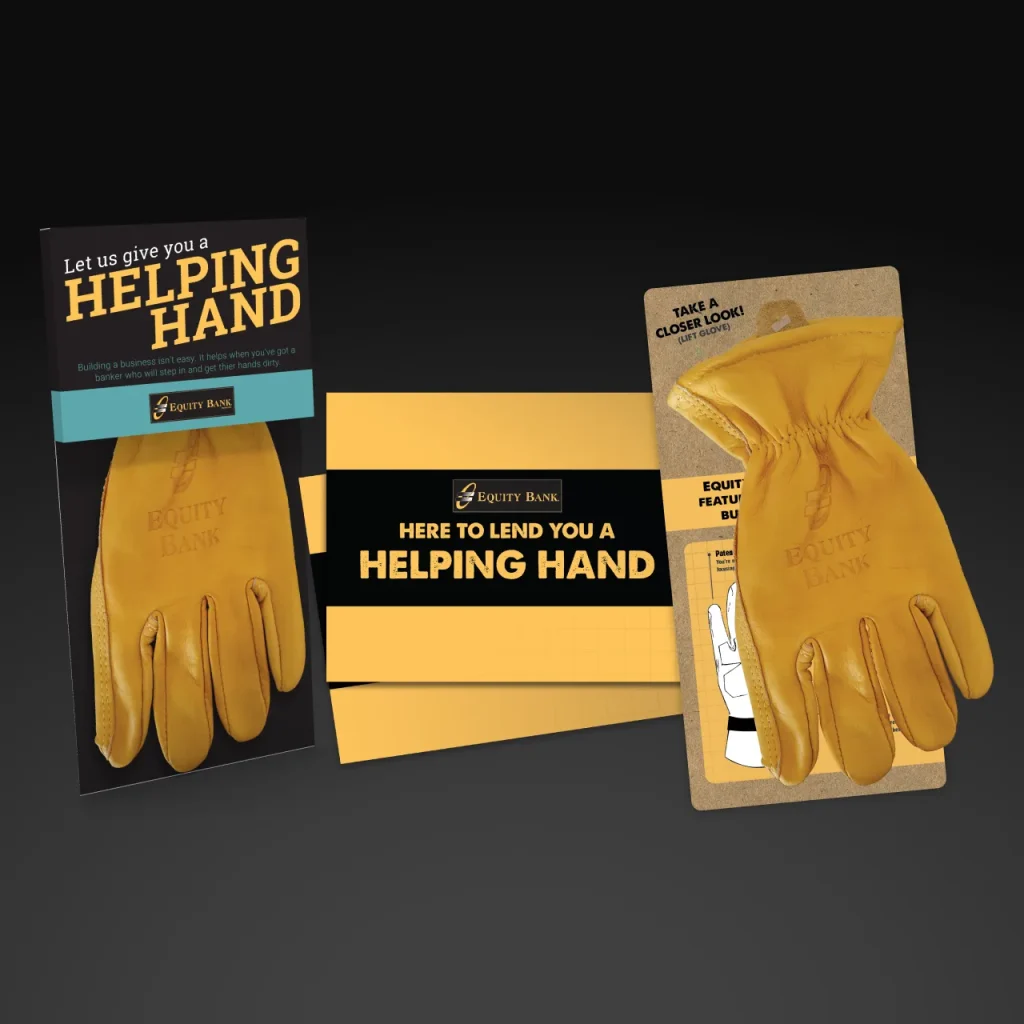 A business outreach mailer for Equity Bank that includes a work glove and "helping hand" theme.