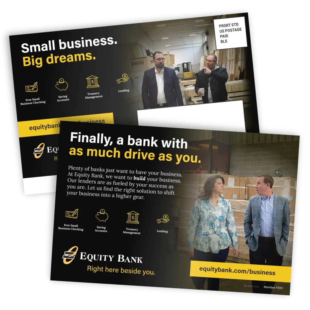 The front and back sides of an Equity Bank small business direct mailer.