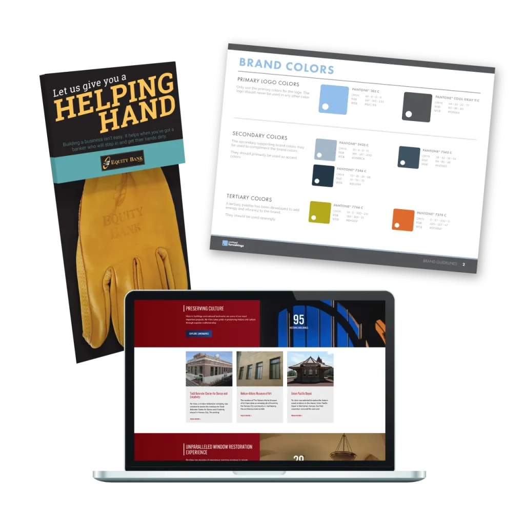 Various business to business communication examples including a mailer promotion, brand guidelines, and a website design.