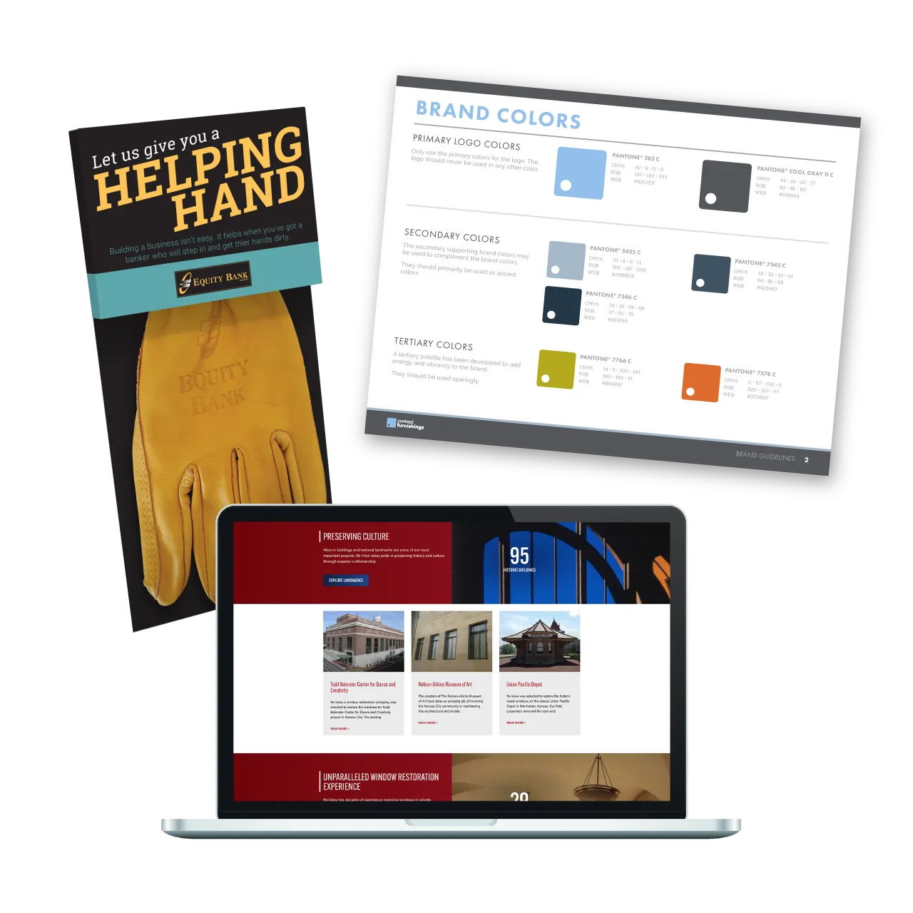 Various business to business communication examples including a mailer promotion, brand guidelines, and a website design.