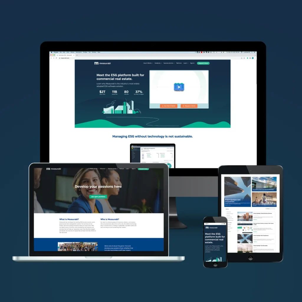 The measurabl website shown on multiple devices of varying size.