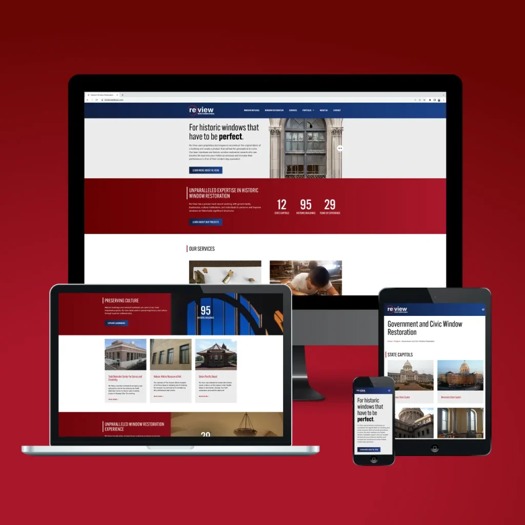 The ReView website shown on multiple devices of varying size.