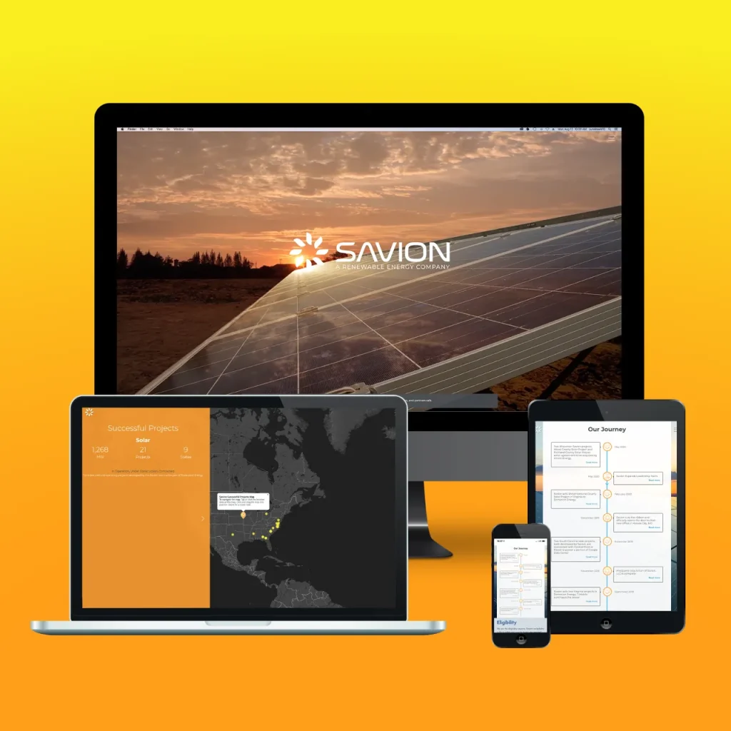 The Savion website shown on multiple devices of varying size.
