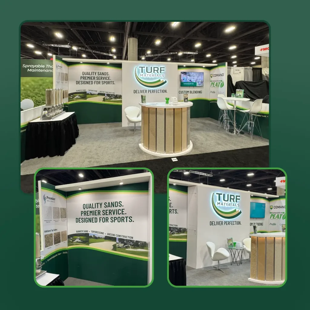 The Turf Materials trade show booth and supporting communication shown in-use on the trade show floor.