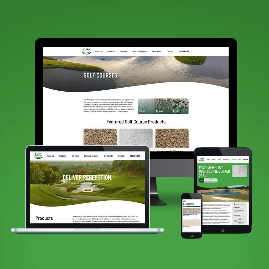 The Turf Materials website shown on multiple devices of varying size.