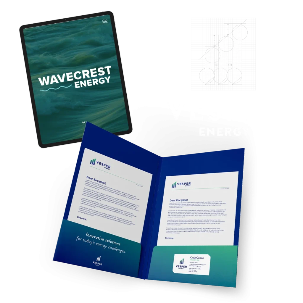 The Vesper Energy logo and brand collateral, plus the Wavecrest Energy website shown on a tablet.