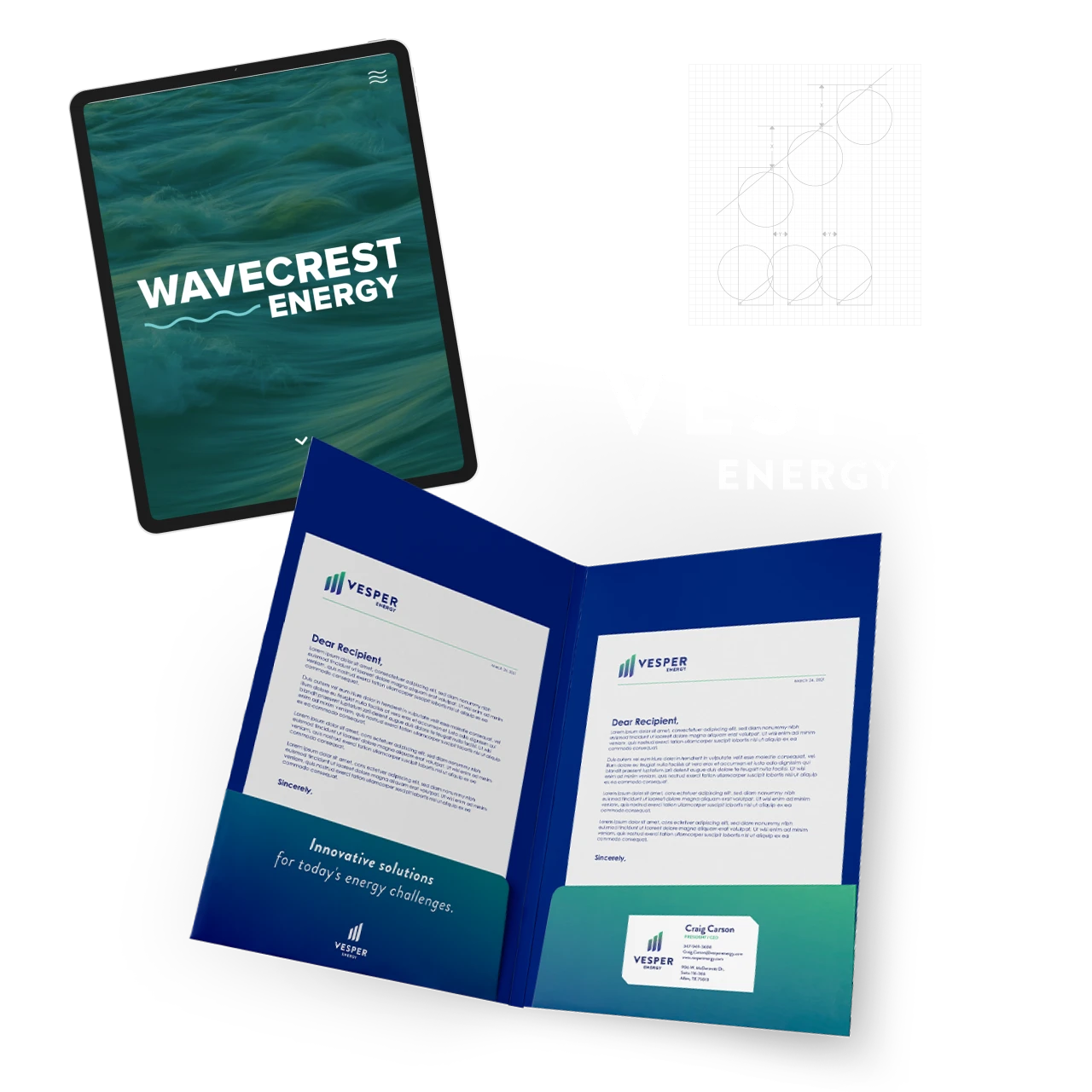 The Vesper Energy logo and brand collateral, plus the Wavecrest Energy website shown on a tablet.