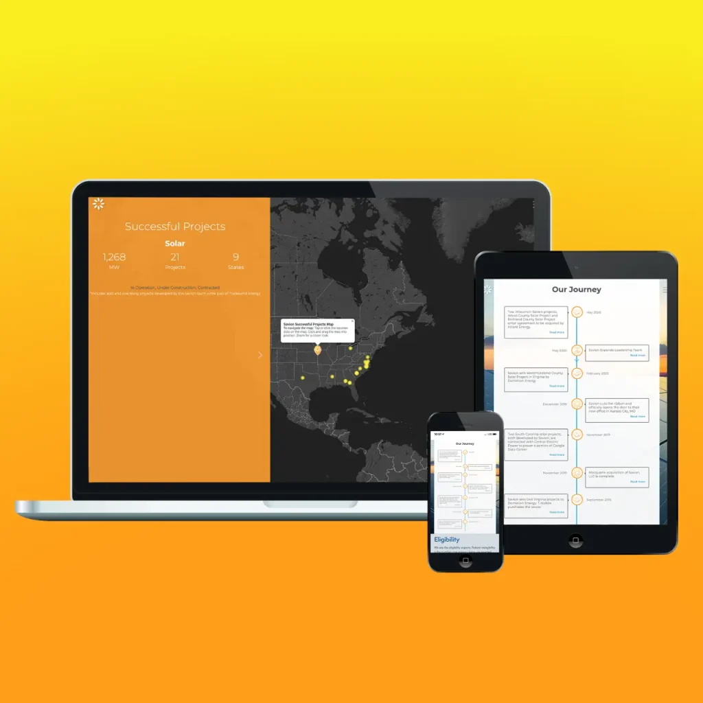 The Savion website displayed on desktop, tablet, and mobile devices.