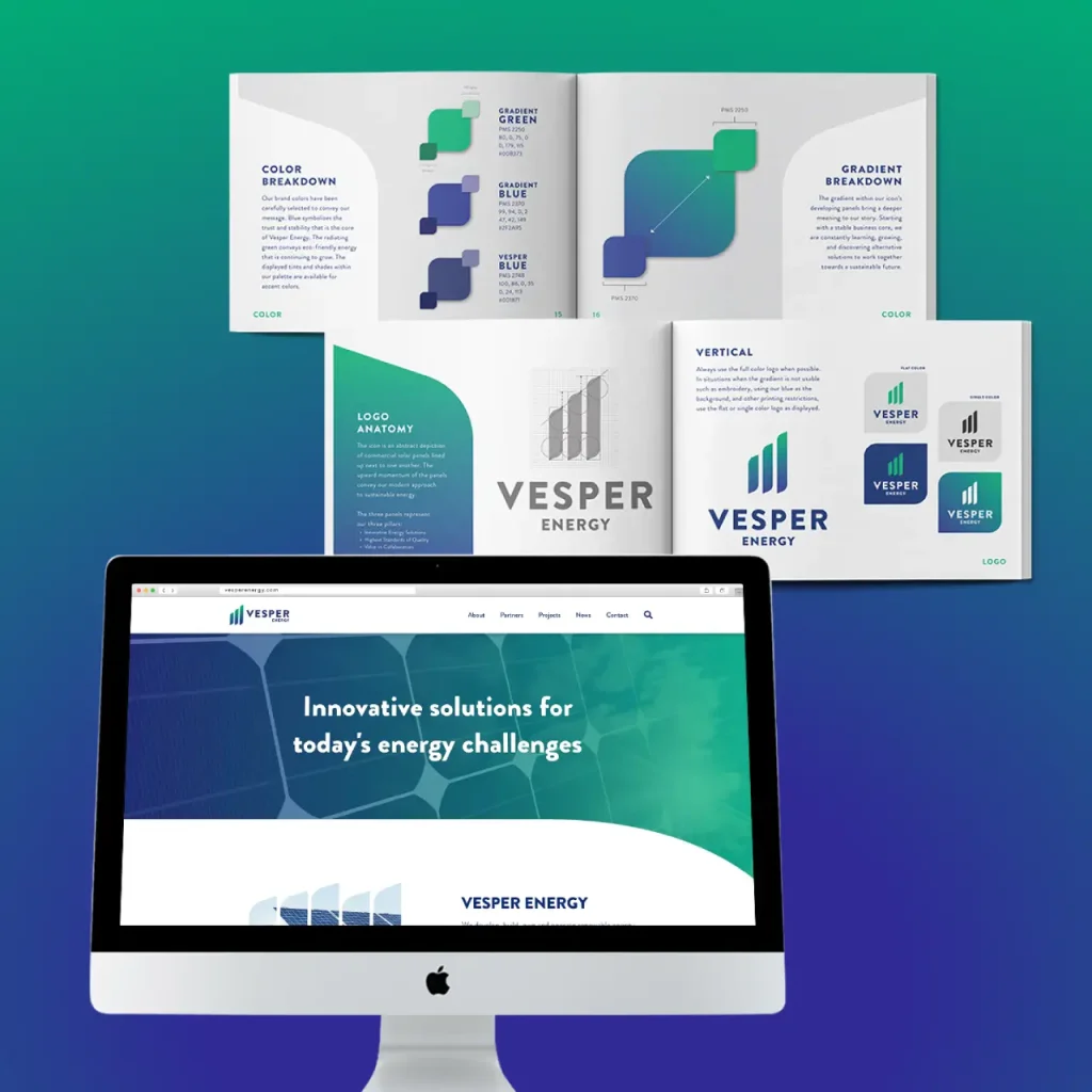The Vesper Energy brand guidelines, plus the Vesper website shown on a desktop device.