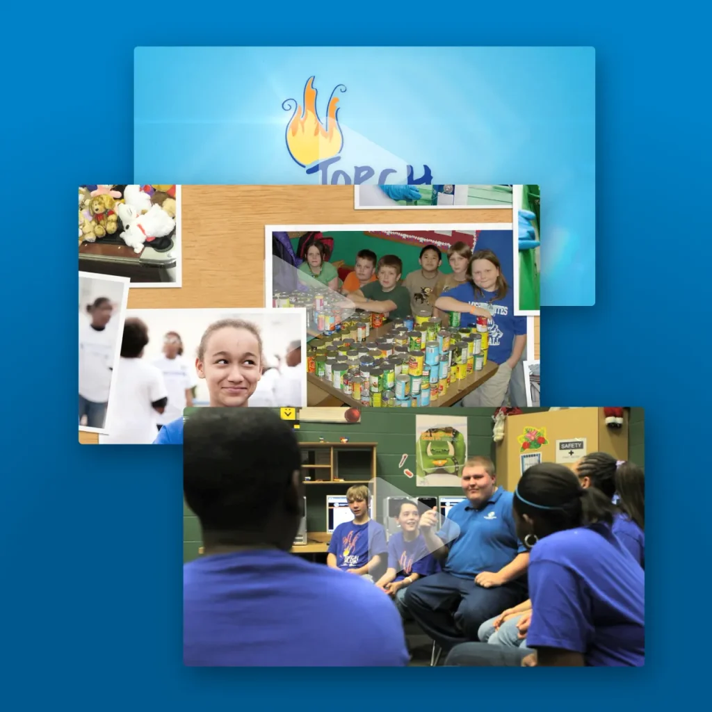 Screenshots from a video showing young people, photo snapshots, and motion graphics.