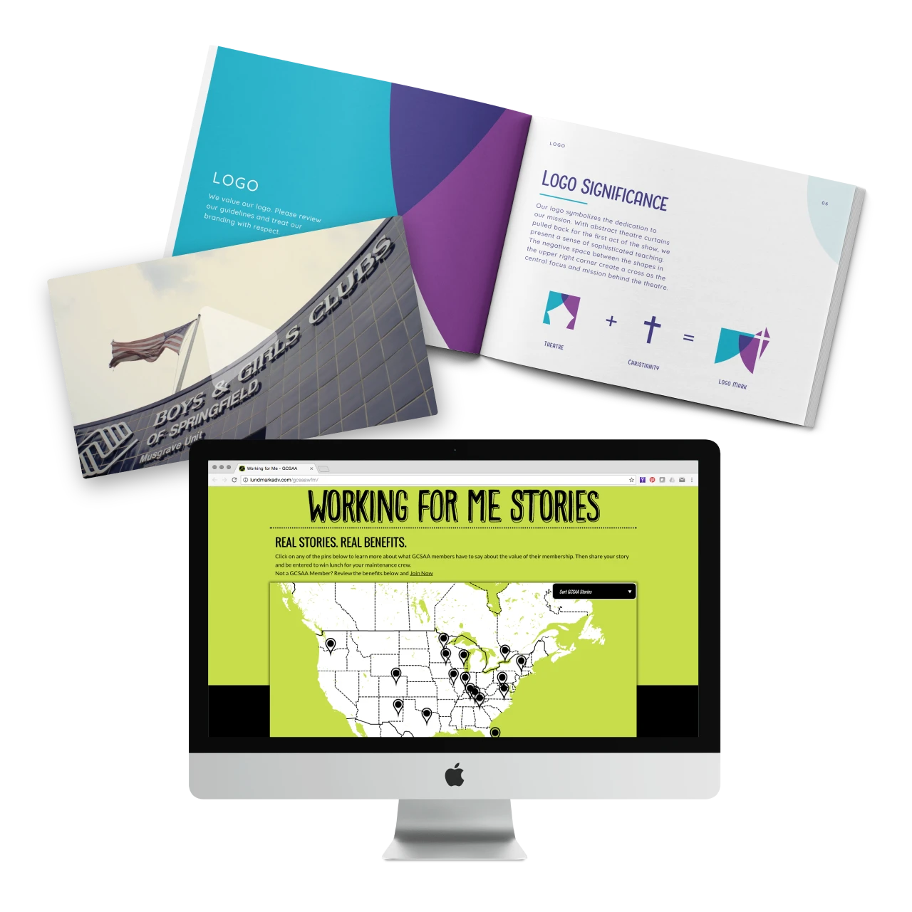 Brand guidelines, video screenshots, and website design work.