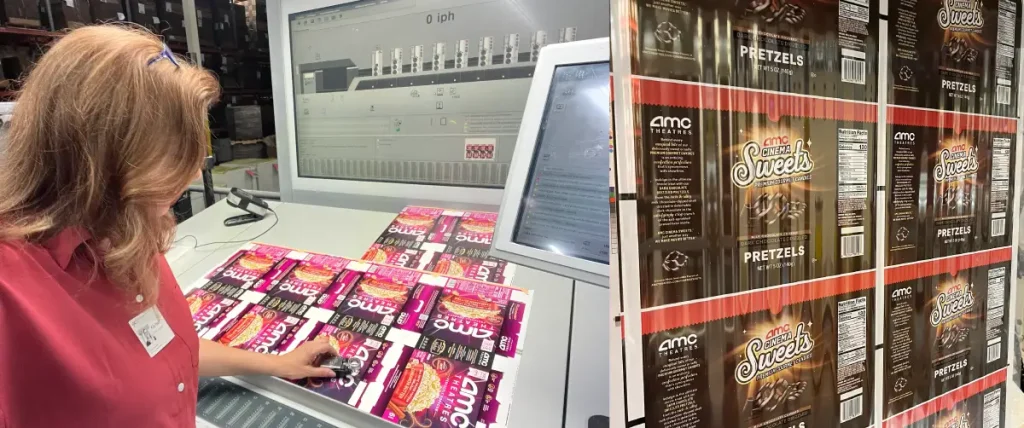 A creative director examines printed sheets with AMC Sweets innovative packaging designs on a large monitor. To the right, various pretzel package designs are displayed on a press.