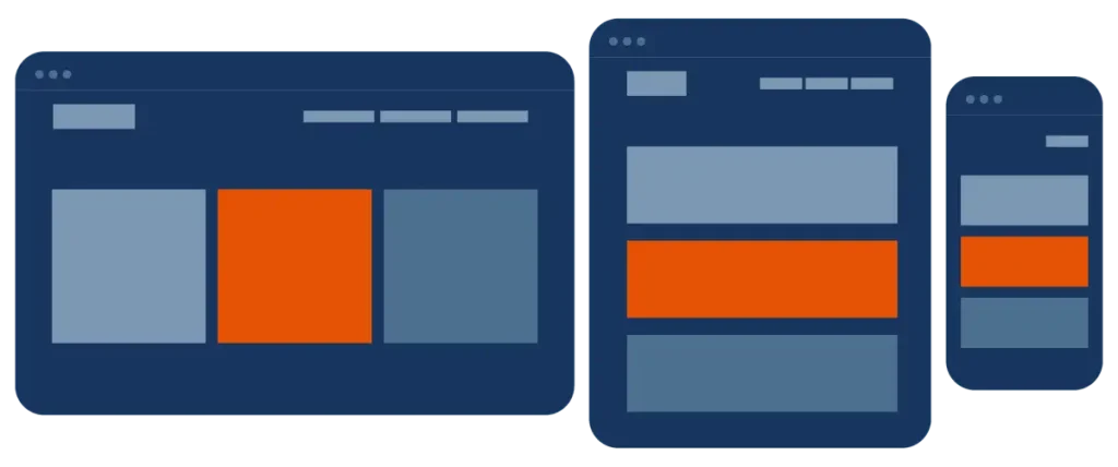 Illustration of responsive web design featuring three blue and orange web page layouts in different sizes, representing a desktop, tablet, and smartphone view.