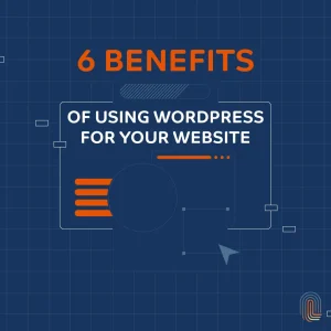 Graphic with a grid background, featuring the title 6 Benefits of Using WordPress for Your Website in white and orange text. A stylized paper airplane graphic is on the right side.