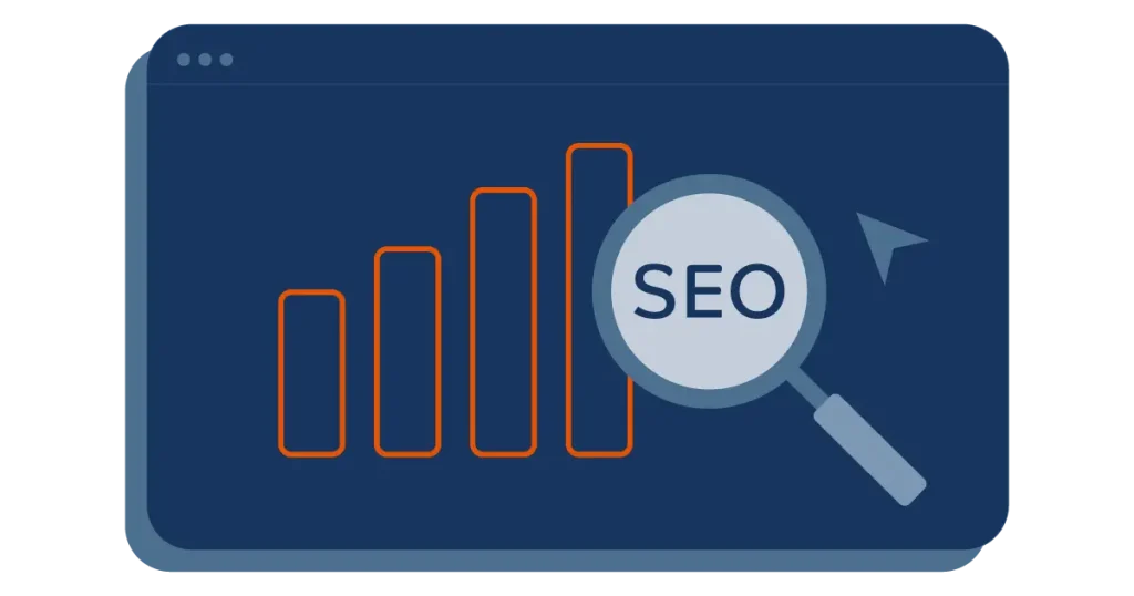 An illustration of a browser window with a bar graph in orange showing upward progress. A magnifying glass labeled SEO hovers over the graph, symbolizing search engine optimization. The background is navy blue.