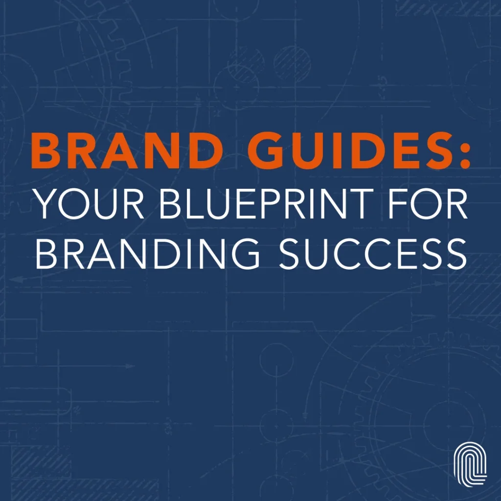 Text on a blueprint-style background with gears and technical drawings reads: Brand Guides: Your Blueprint for Branding Success.