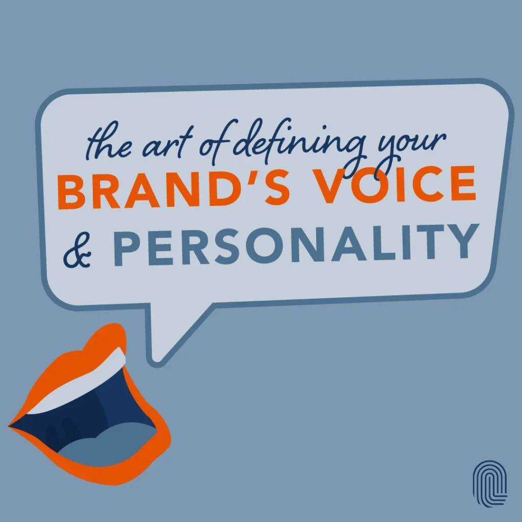 Illustration of a speech bubble saying the art of defining your BRANDS VOICE & PERSONALITY in various fonts. Below the bubble is an open mouth with a red lip. The background is blue with a subtle Lundmark logo in the bottom right corner.