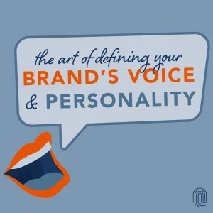 Illustration of a speech bubble saying the art of defining your BRANDS VOICE & PERSONALITY in various fonts. Below the bubble is an open mouth with a red lip. The background is blue with a subtle Lundmark logo in the bottom right corner.