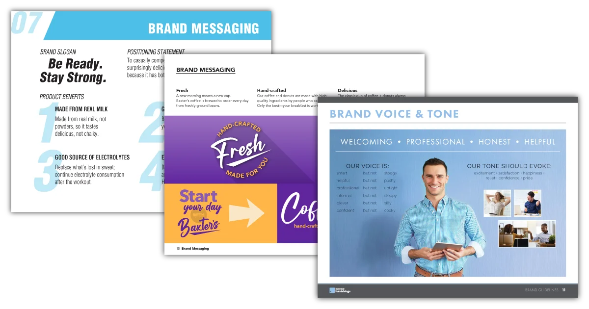 An image showing three pages of brand guidelines. One page highlights Brand Messaging, another shows a purple and yellow Fresh ad concept, and the third features a smiling person next to Brand Voice & Tone details.