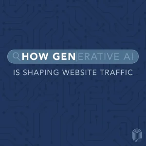 Image with a dark blue circuit pattern background. In the foreground, text reads: HOW GENERATIVE AI IS SHAPING WEBSITE TRAFFIC. A fingerprint icon is visible in the bottom right corner.