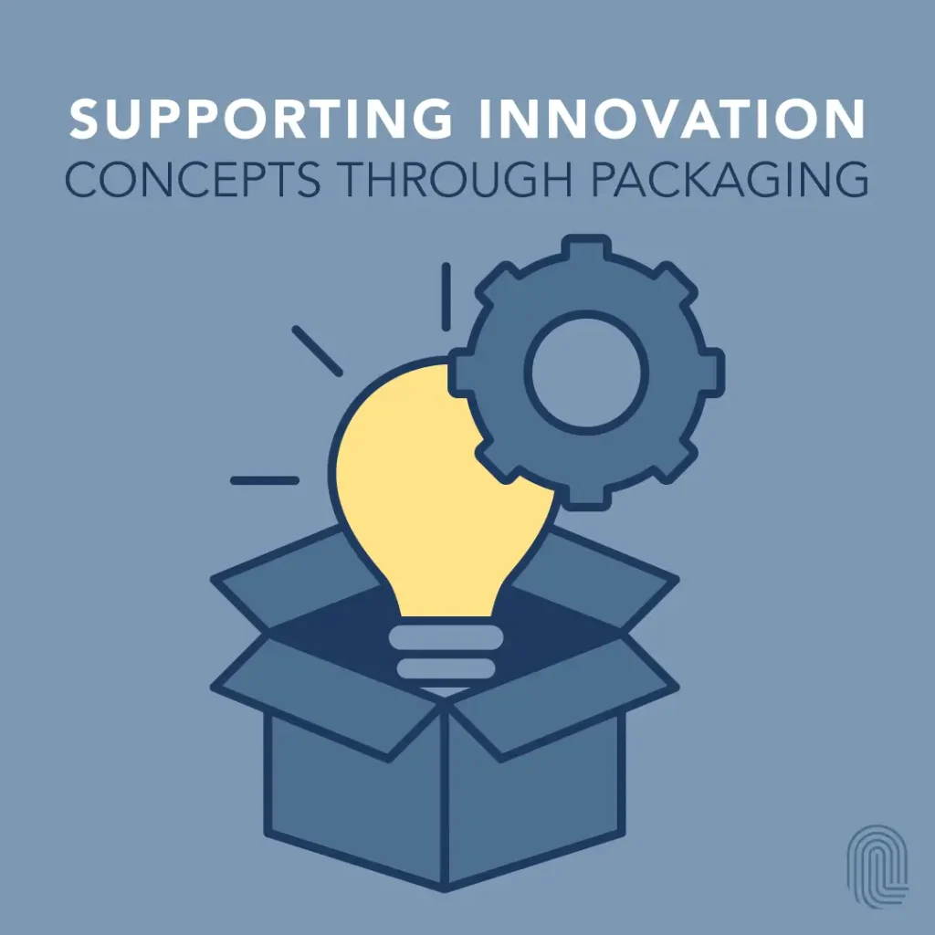 Illustration of a light bulb emerging from an open box, symbolizing creativity. A gear icon is behind the bulb. Text above reads Supporting Innovation: Concepts Through Packaging, with a small logo at the bottom right on a blue background.