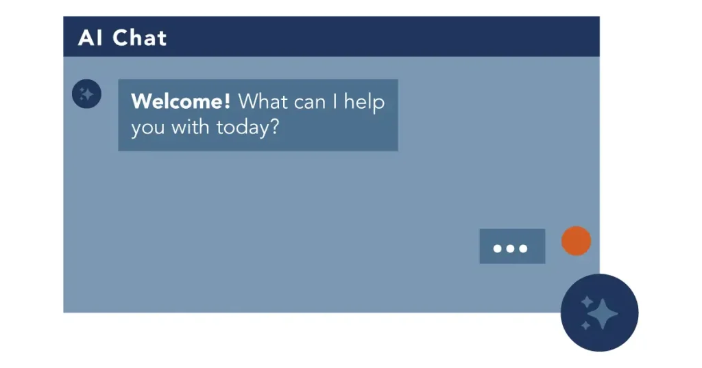 AI chat interface with a welcome message asking, Welcome! What can I help you with today? A speech bubble with ellipsis indicating typing activity is visible, along with decorative icons on a blue background.